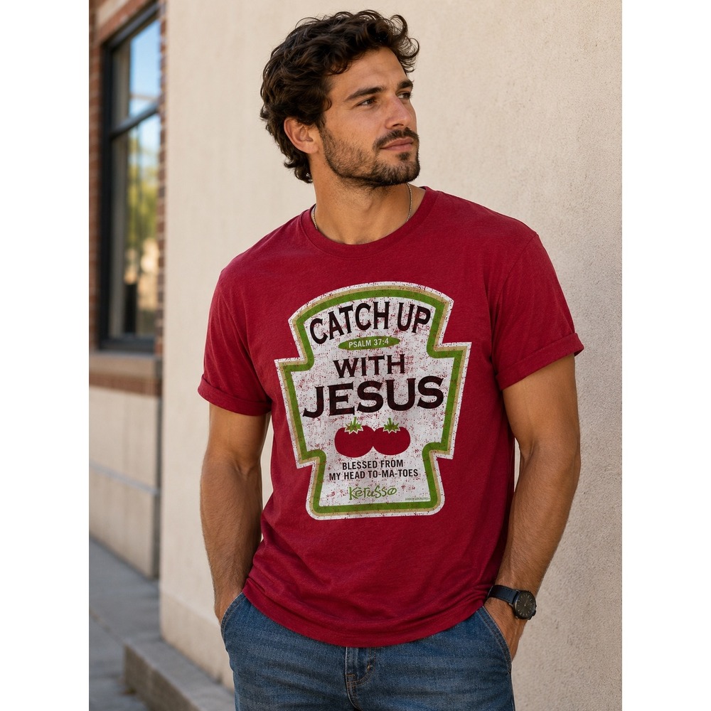 Kerusso Catch Up With Jesus Ketchup Pun Christian Graphic T-Shirt Mens Medium